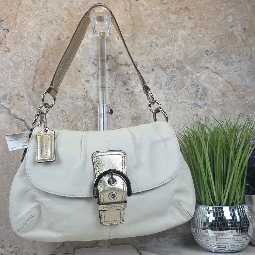 Coach Soho Buckle White Ivory Shoulder Flap Bag with Gold Metallic Accents - Picture 2 of 12